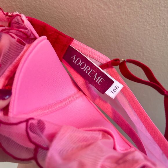 Adore Me Bettie Balconette Bra Size 36B Sachet Pink Lingerie Heart Red Sexy Wife - Picture 3 of 6